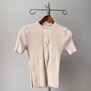 ❄️ 70s Vintage Tan Ribbed Knit Leaf Pattern T-Shirt with Round Neck